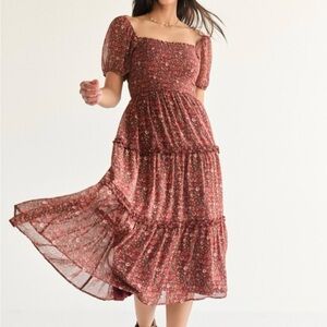 Francesca's Collections Burgundy Floral Midi Dress